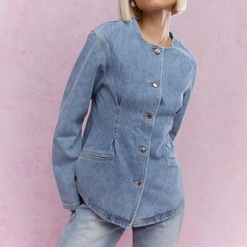 Blue Casual Women's Buttoned Round Collar Long Loose Sleeves Denim Jacket